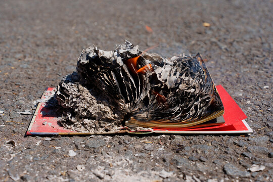 Burning Book With Red Cover On Asphalt Ground