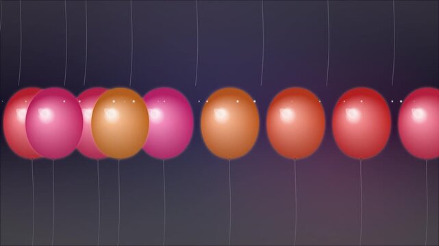 Colorful 3D balloons moving in rows across dark background for celebration.
