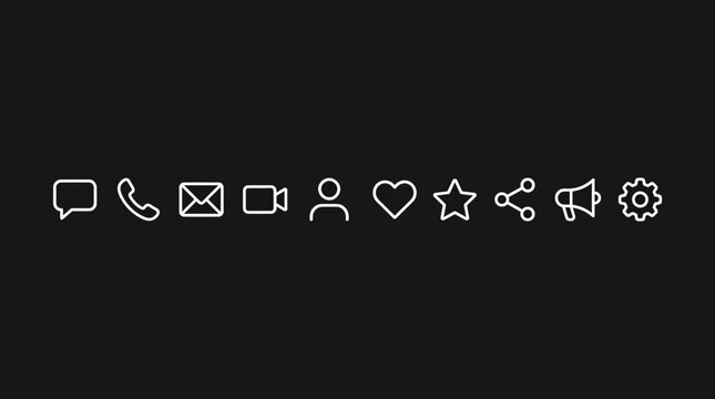 A collection of modern white digital icons on a black background including communication and social media symbols.
