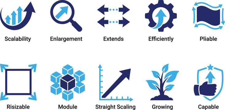 Set of abstract blue and dark blue business growth and scalability icons isolated on transparent background flat.