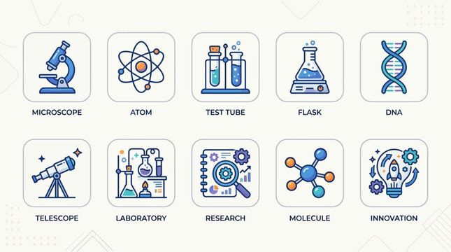 A detailed illustration of various science and research elements in a laboratory setting with microscope, telescope, and test tubes.