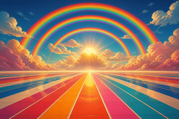 Naklejka premium Sunrise with double rainbows over colorful striped path toward horizon