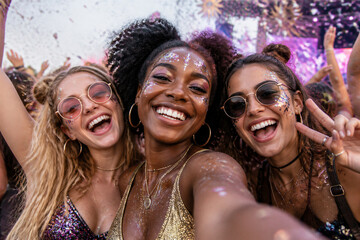 Fototapeta premium Group of young women smiling and taking selfie at festival outdoor celebration