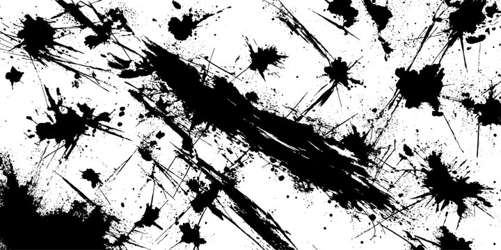 Abstract ink splash pattern with sharp, erratic brush strokes and scattered dots, creating a dynamic, chaotic texture.