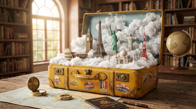 A vintage yellow suitcase containing miniature world landmarks and famous monuments.