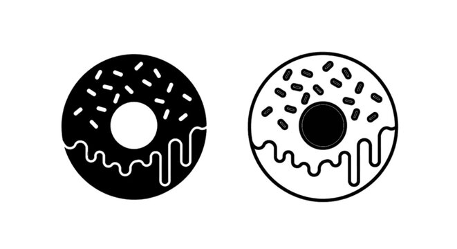 Minimal black silhouette icon, simple flat vector, bold black shape, no gradients, no shading set of two donut icons, solid black and outline style on a, flat icon style