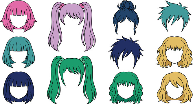 Anime Hairstyle Icon Set with Colorful Manga Wigs Pigtails and Bobs for Avatar Creation Character Design and Cosplay Graphics