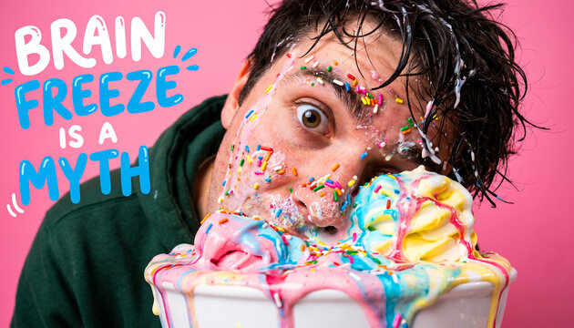 Guy face plants into giant bowl of ice cream while surrounded by colorful sprinkles and funny text on a bright background