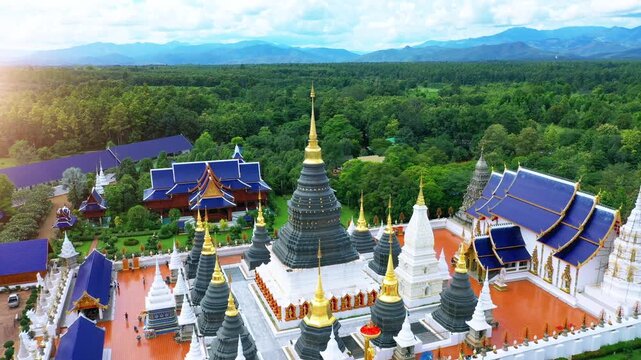 An aerial view of Wat Ban Den, which is a beautiful temple located in Chiang Mai, Thailand.