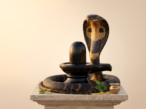 Lord Shiva Lingam with Sacred Cobra for Naag Panchami Festival, Naag Panchami Worship with Shiva Lingam, Cobra Snake, Trishul and Traditional Puja Arrangement