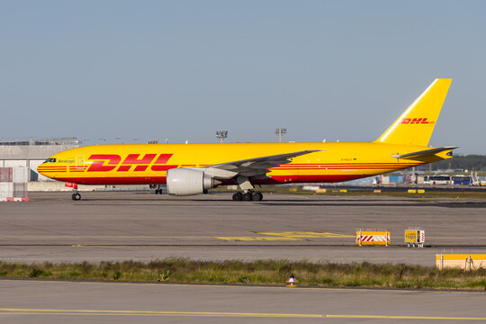 DHL operated by AeroLogic Boeing 777-F airplane at Frankfurt airport in Germany