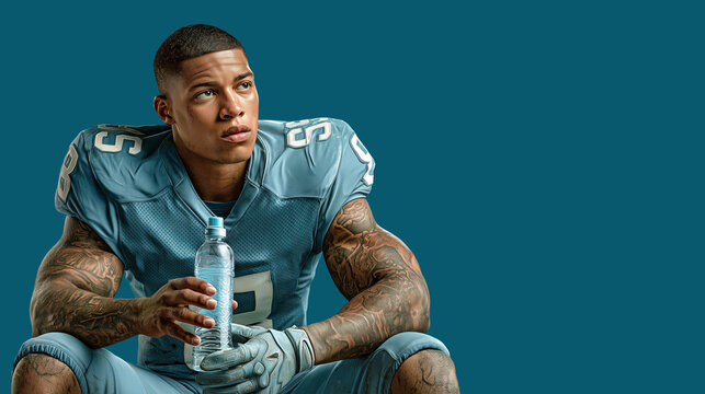 Focused football player sitting with water bottle on blue studio background.

