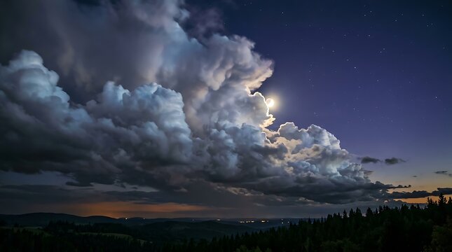 Dramatic nighttime lightning storm over mountain landscape