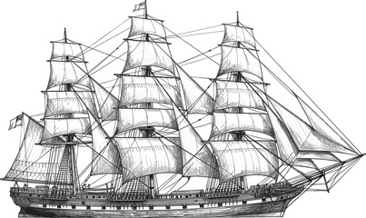 Hand Drawn Vintage Sailing Ship Vector Illustration with Detailed Rigging and Full Sails for Nautical, Maritime History, and Adventure Graphic Designs © MdGohurul