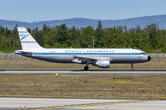 Condor Airbus A320 airplane at Frankfurt airport in Germany retro special livery