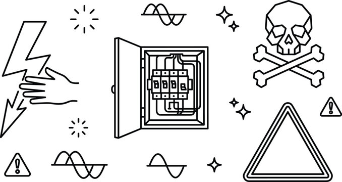 High voltage electrical shock hazard line icons bundle with circuit breaker panel and danger skull sign vector