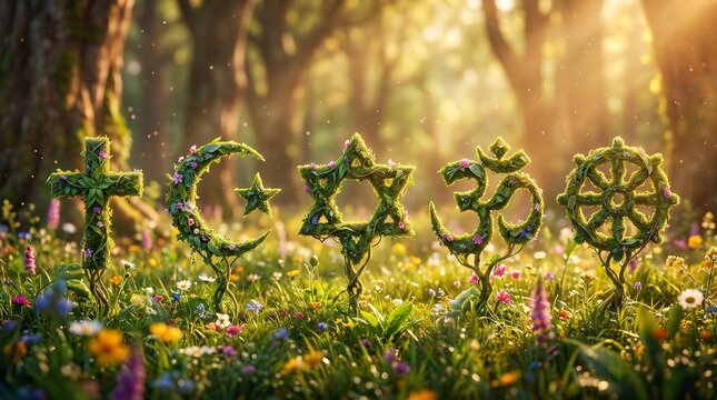 Concept of interfaith harmony and religious coexistence, showing symbols of global religions made of green plants in a beautiful sunny garden.