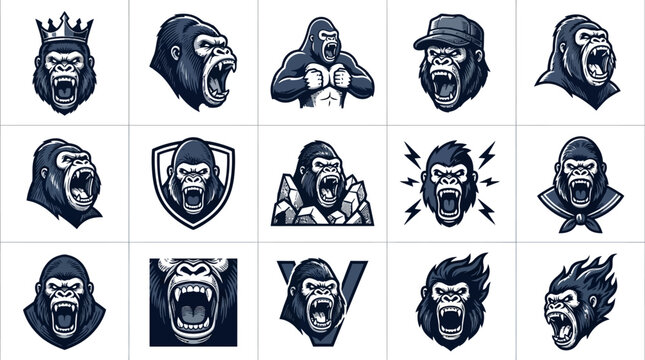 Expressive gorilla head icons with crowns and caps.