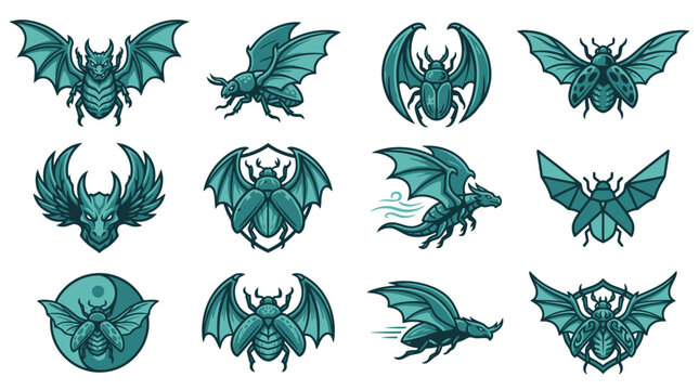 Fantasy winged gargoyle and beetle creature icon set.