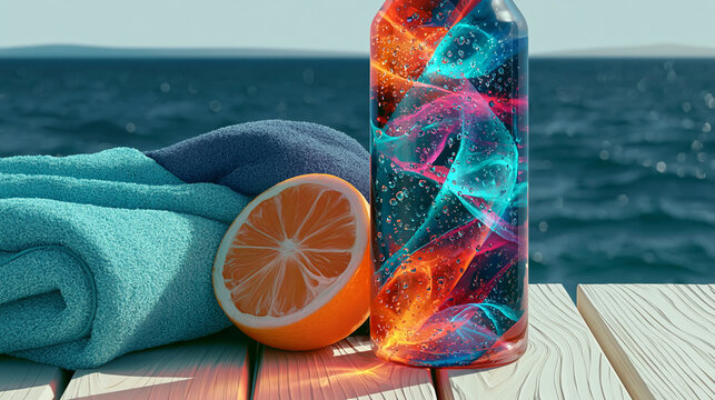 Coral Beach Towel and Seashell Flat Lay on Pale Sand