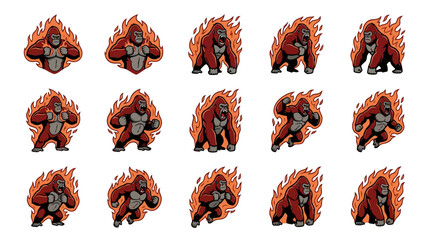 Flaming red gorilla icons for sports and gaming logos. © Prastiwik