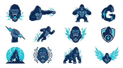 Electric gorilla mascots with lightning and digital themes. © Prastiwik