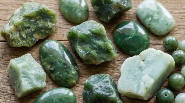 Collection of jade stones on wooden surface