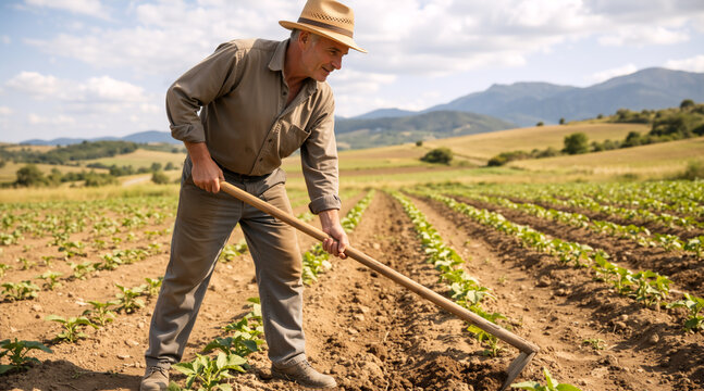 Mature male farmer cultivating soil with a hoe in a field. Man working the land and weeding young green plants. Traditional agriculture manual labor