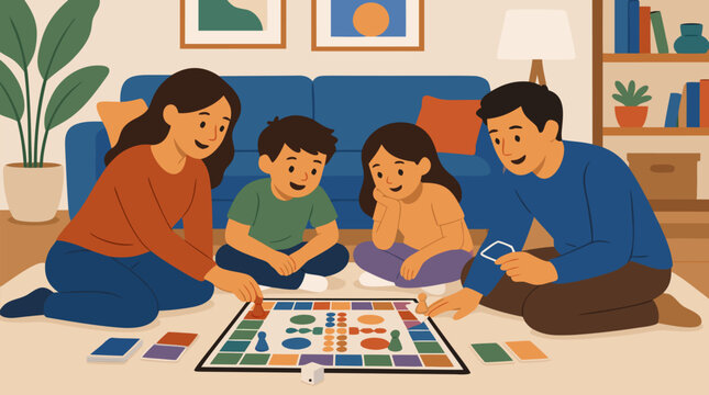 A lively family sitting together on the living room floor playing board games, capturing quality time and togetherness perfect for leisure, family bonding, and home entertainment concepts in flat vect