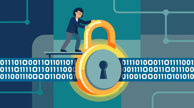 Security expert locking a giant glowing padlock over a stream of binary data, a clean flat vector illustration on a light background ideal for cybersecurity, data protection, and digital safety commun