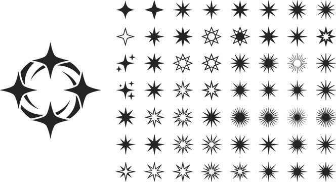 Collection of various black star and spiked shapes and symbols