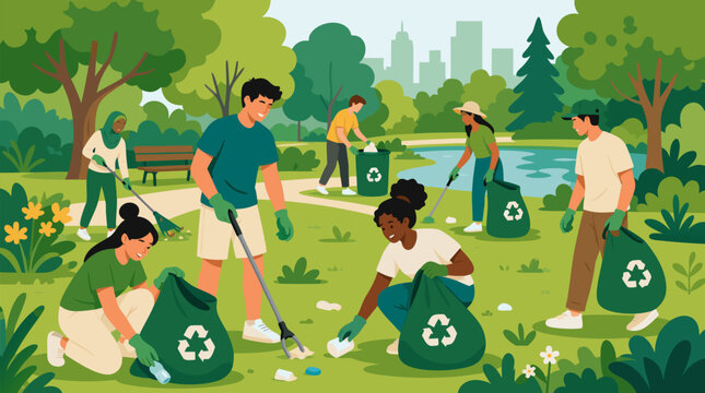 A diverse group of volunteers cheerfully cleaning up a community park together in an uplifting green palette, ideal for charity, environment, and community themed commercial projects as a clean flat v
