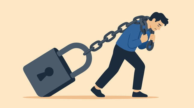 A weary man dragging a giant heavy padlock chained around his slumped tired shoulders symbolizing burden, constraint, and mental weight, great for mental health, psychology, and social themes in comme