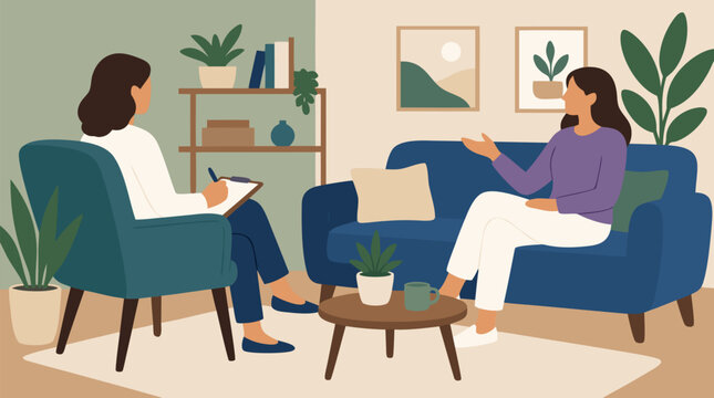 Clean flat vector illustration on a light background shows a therapist taking notes while a woman talks on a sofa, ideal for counseling and mental health services.