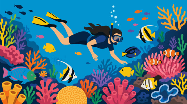 Clean flat vector illustration of a snorkeler exploring a colorful coral reef on a light blue underwater background, ideal for diving tours and ocean education.