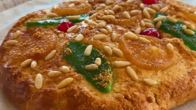 Catalan Sweet Flatbread Coca Candied Fruit Pine Nuts Closeup Video Traditional Festive

