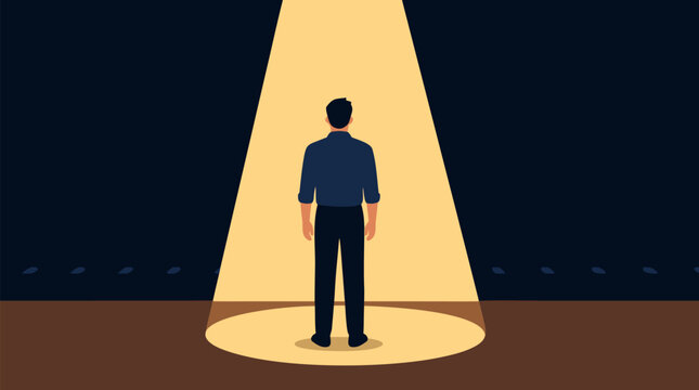 A clean flat vector illustration shows a lone man standing center stage in a bright theater spotlight with dark seats behind him, ideal for public speaking and performance concepts.