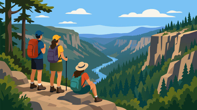 Hikers admire a winding river canyon from a forest overlook in a clean flat vector illustration on a bright background for park tourism guides.