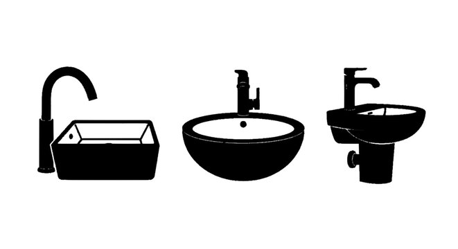 Minimal black silhouette icon, simple flat vector, bold black shape, no gradients, no shading set of three different modern bathroom sinks with faucets on a, flat icon style