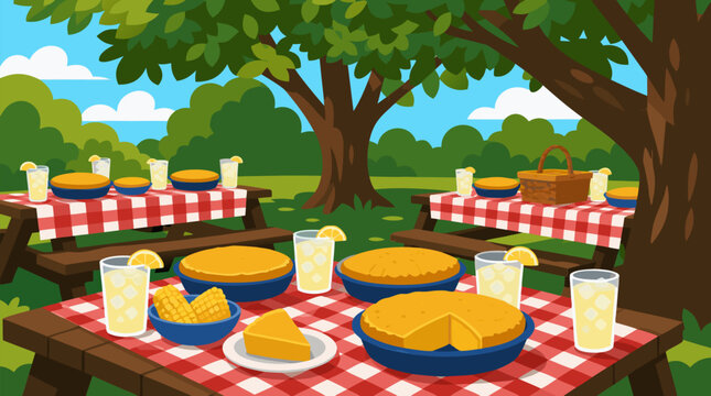 Clean flat vector illustration on a light background shows picnic tables under trees with pies, corn, lemonade, and checkered cloths, perfect for summer food and outdoor event promotions.