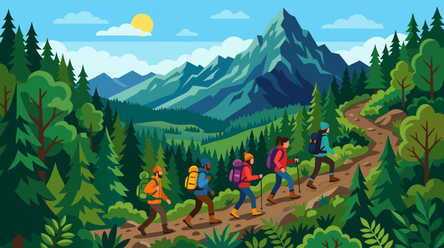 Clean flat vector illustration on a light background showing backpackers hiking a mountain forest trail, ideal for outdoor travel ads and adventure tour branding.