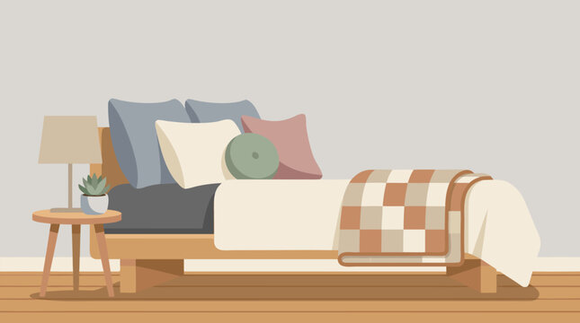 Clean flat vector illustration on a light background showing a neatly made bed with pillows, blanket, side table, lamp, and plant for bedroom decor advertising.