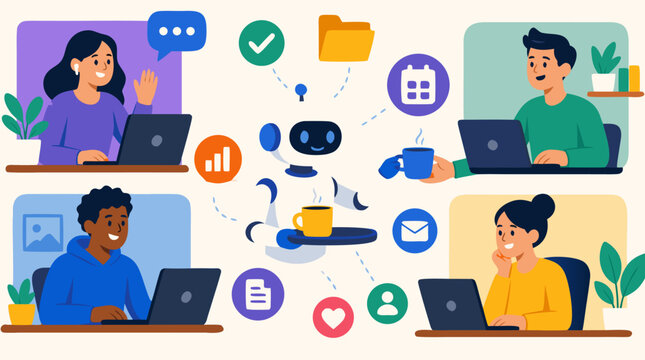 A robot assistant serving coffee to remote workers surrounded by floating productivity icons in a clean flat vector illustration, ideal for AI automation, smart office, and digital workforce themed de