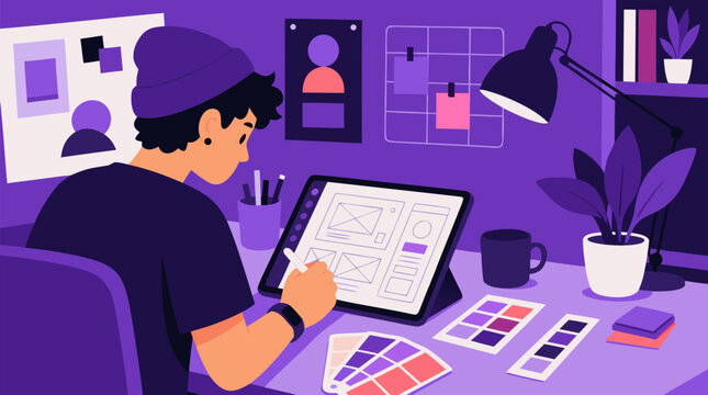 Young designer sketching interface wireframes on a tablet at a creative studio desk surrounded by color swatches, flat vector illustration on a light background suited for UX design and creative agenc