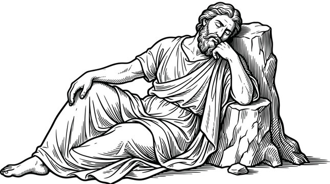 Classical Sculpture of a Thoughtful Man Resting on a Rock.