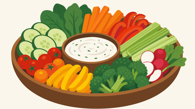 Wooden bowl filled with crunchy colorful fresh garden vegetables and a dip served as a healthy snack arrangement, flat vector illustration on a light background great for food packaging and healthy ea