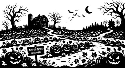 Obraz premium Halloween Pumpkin Patch with Haunted House Bats Night Scene Black and White Vector Illustration