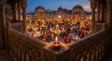 Fototapeta premium Lit Diya Lamp Overlooking Festive Indian Temple Courtyard