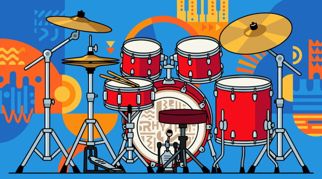 Clean flat vector illustration on a light background showing a red drum kit with cymbals and sticks, useful for music lessons, concert posters, and band promotions.