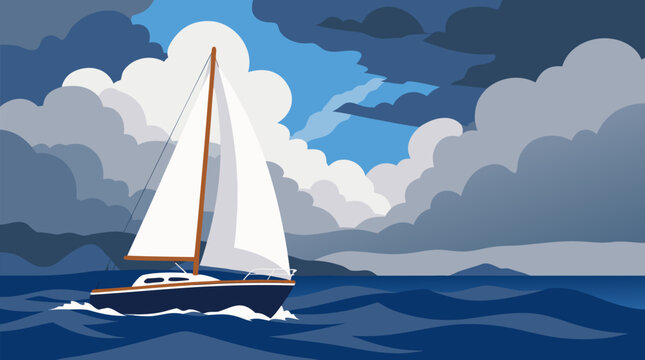 Clean flat vector illustration on a light background of a sailboat crossing blue waves beneath dramatic clouds, useful for travel, marine, and adventure branding.